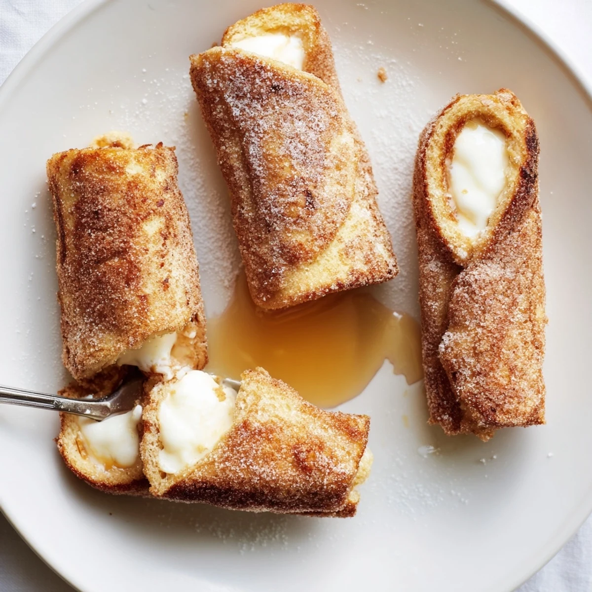 Warm Cinnamon Roll French Toast Roll Ups filled with sweet cream cheese, handheld