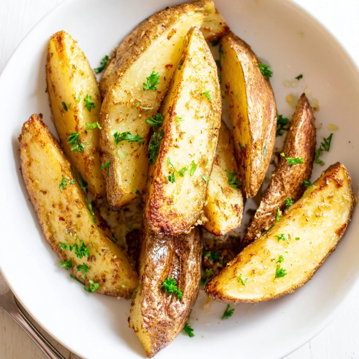 Rustic skin-on Potato Wedges arranged on a sheet pan, sprinkled with parsley.