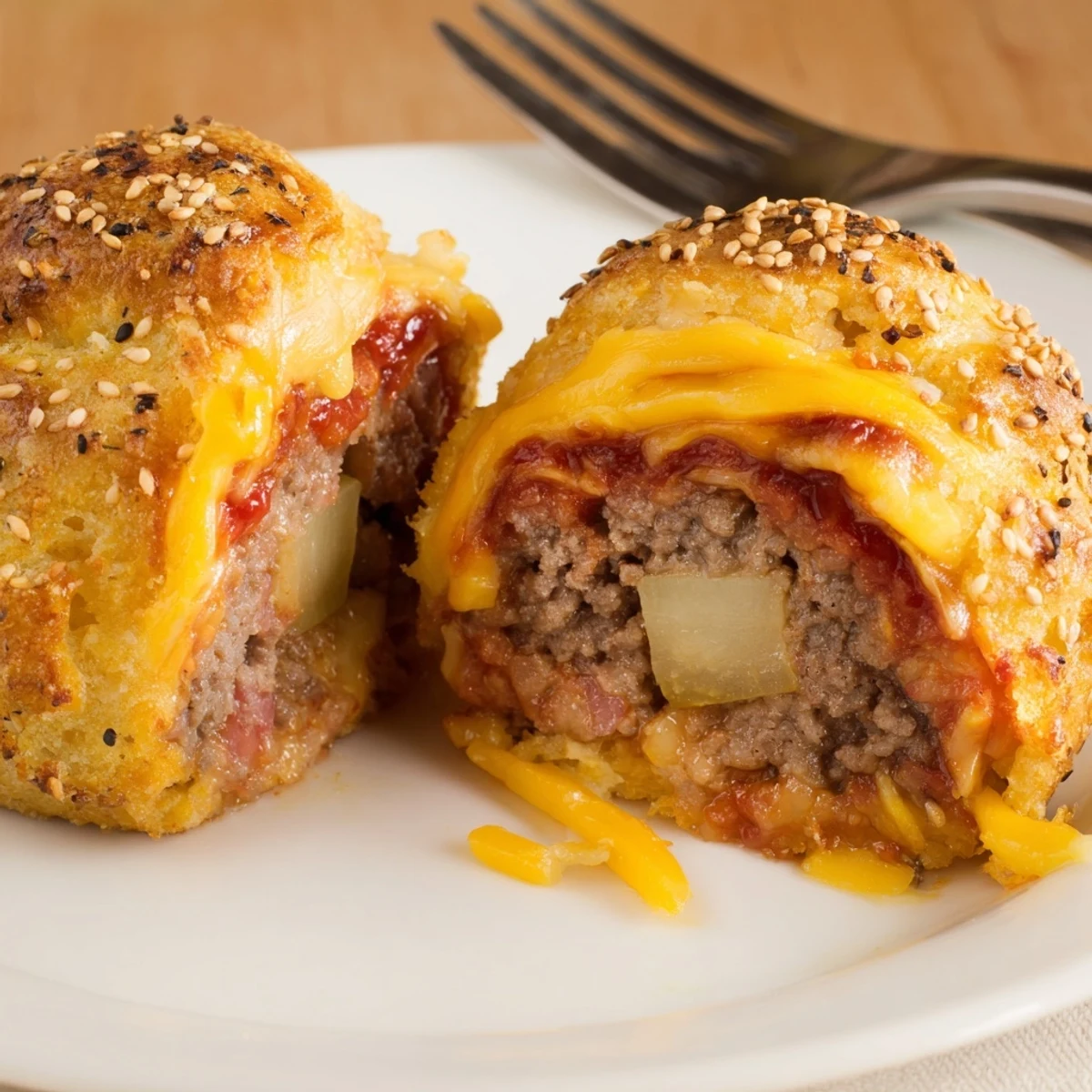 Golden biscuit bombs filled with melty cheddar — Cheesy Cheeseburger Bombs Explosion Recipe