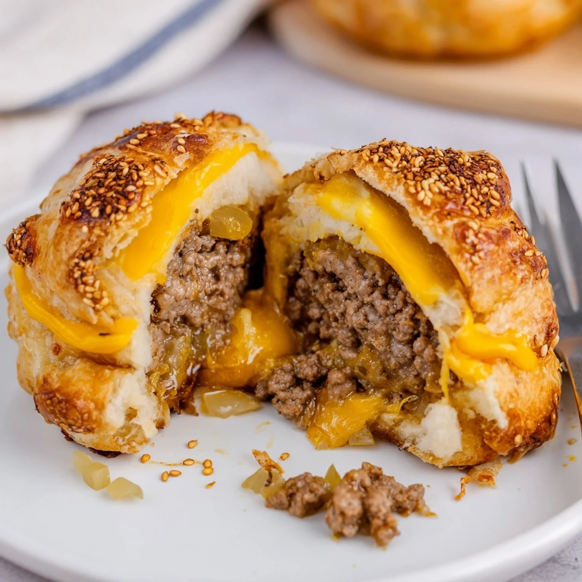 Cheesy Cheeseburger Bombs Explosion Recipe on parchment-lined tray, sesame seeds glistening