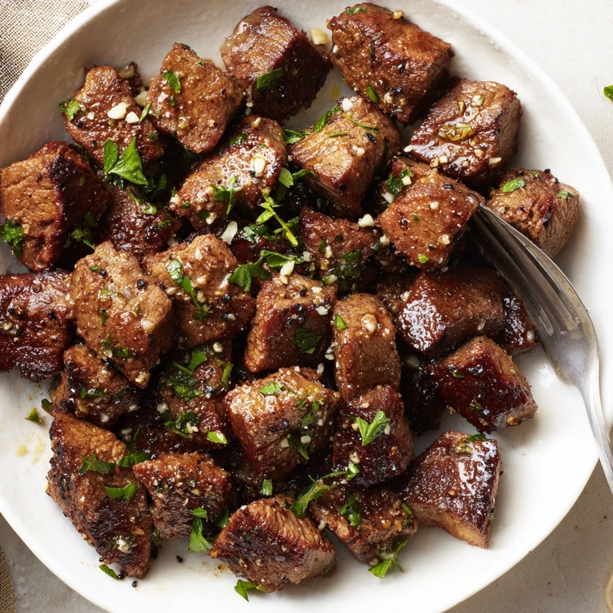 Garlic Butter Steak Bites sizzling in cast-iron, gleaming with buttery garlic sauce.