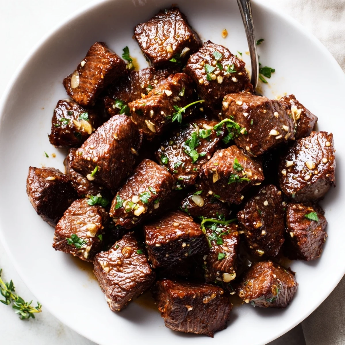 Warm Garlic Butter Steak Bites piled on plate, garnished with fresh parsley.