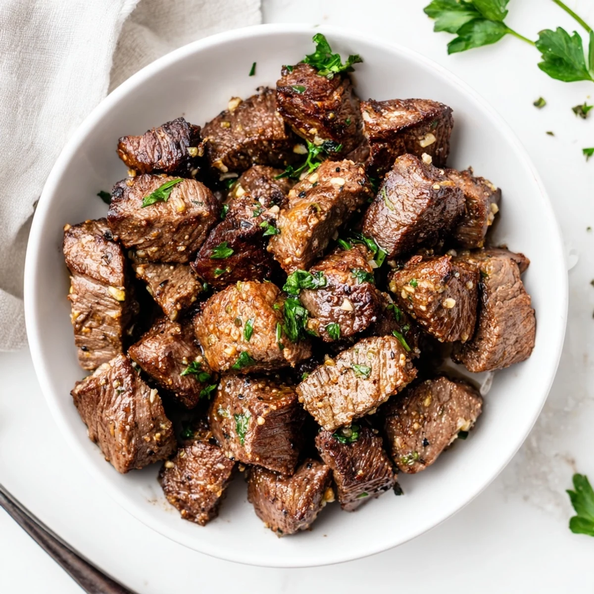 Garlic Butter Steak Bites served with crusty bread to soak up sauce.