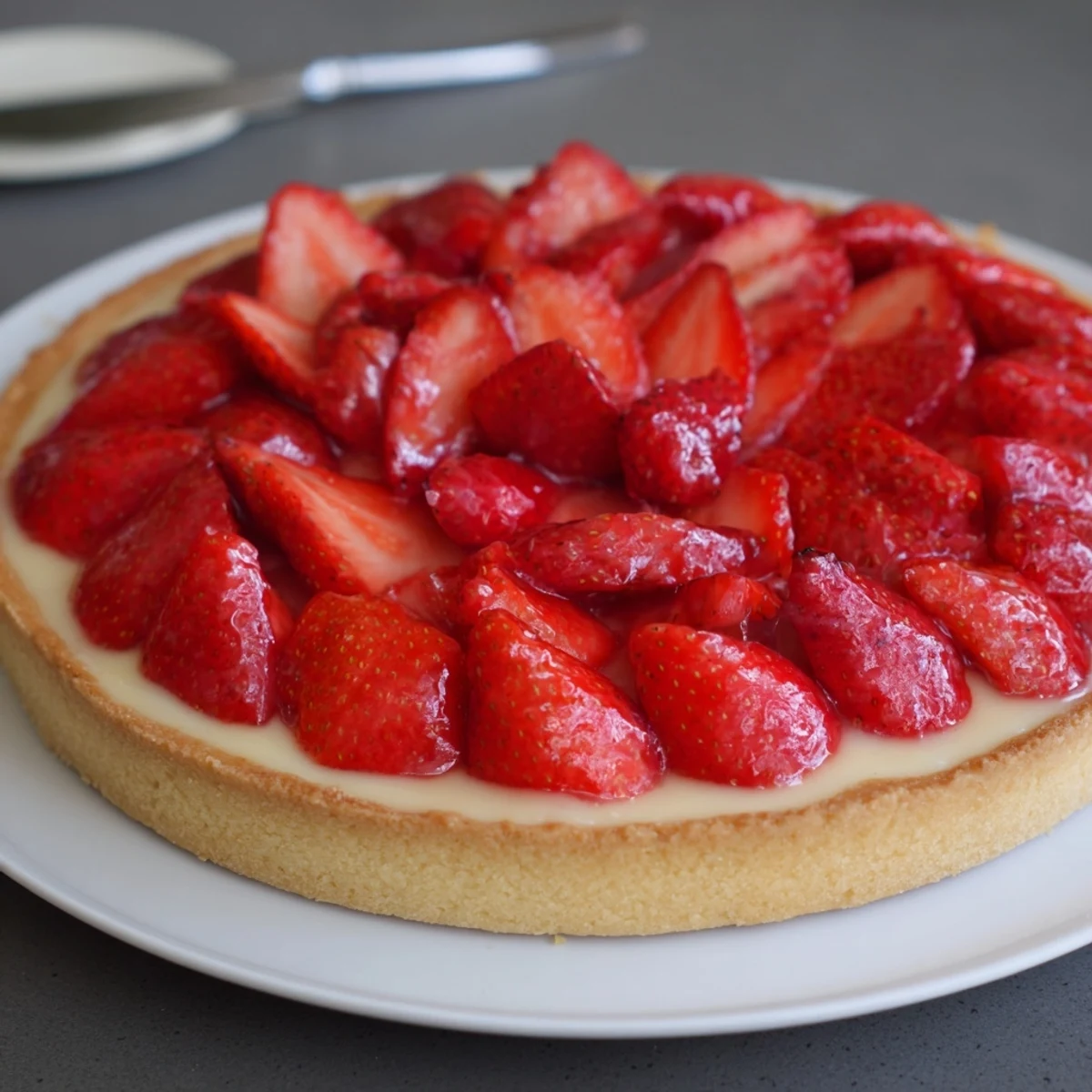 Tarte aux Fraises topped with glossy apricot glaze, silky pastry cream, sliced strawberries