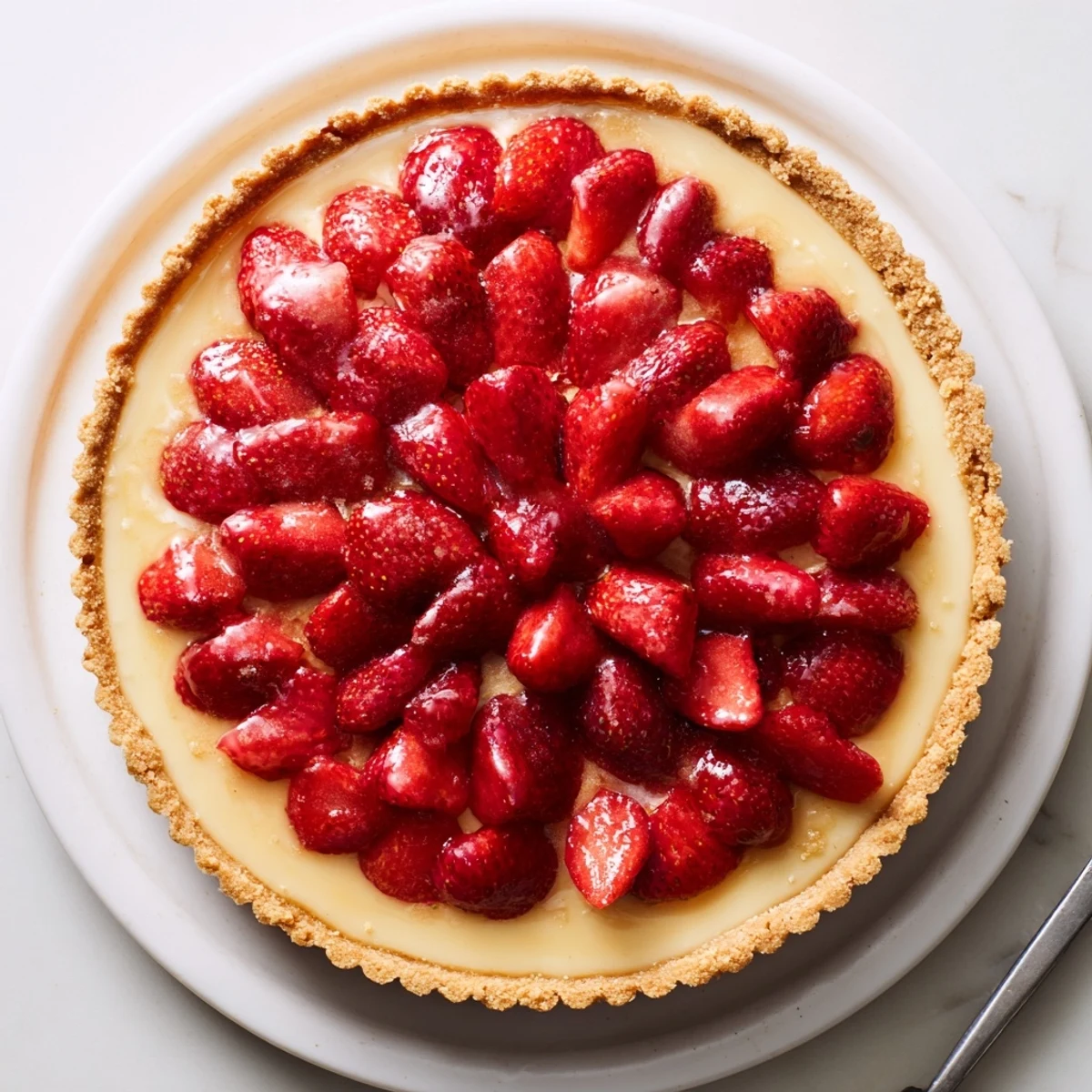 Slice of Tarte aux Fraises on plate, buttery tart crust, fragrant vanilla cream