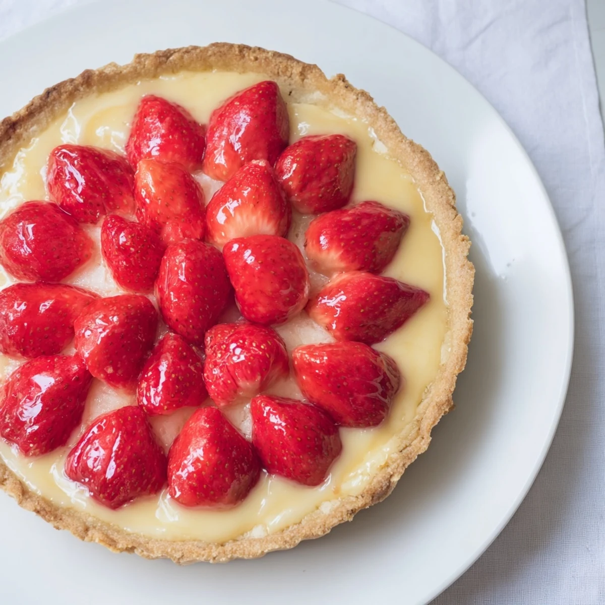 Summer Tarte aux Fraises arranged in concentric circles, juicy berries, chilled