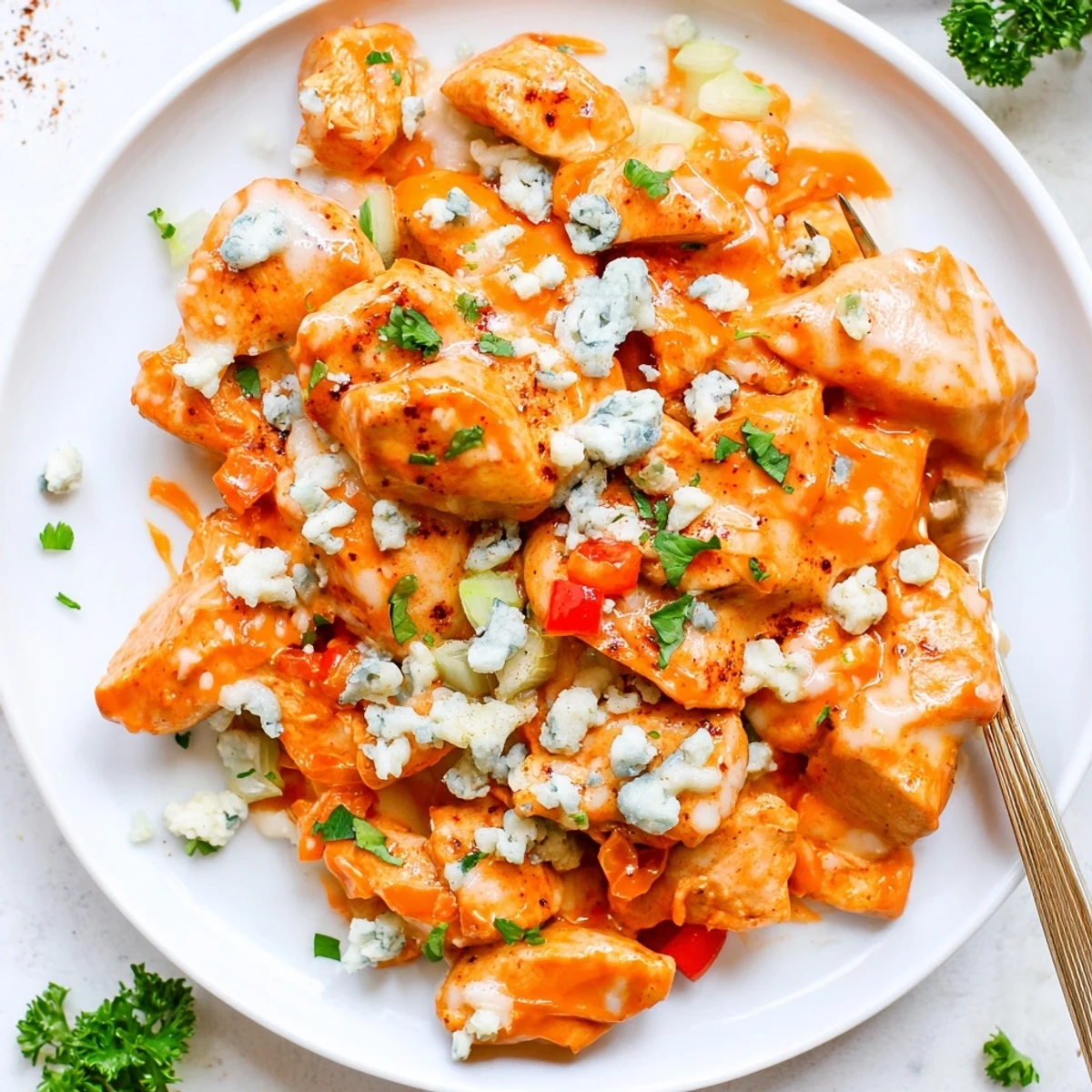 Keto Buffalo Chicken Skillet sizzling in pan, creamy sauce, melted mozzarella  