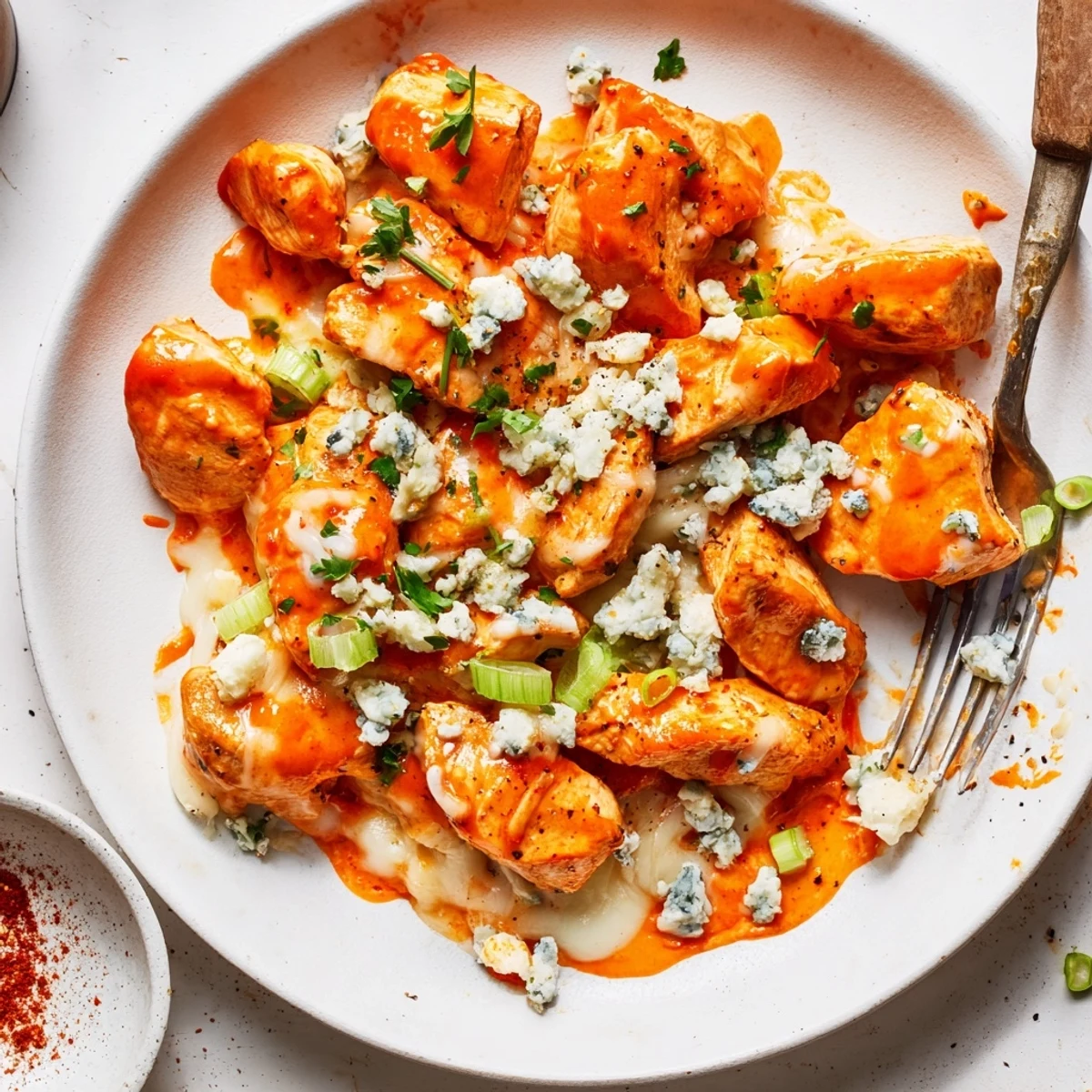 Keto Buffalo Chicken Skillet featuring tender bites, roasted peppers, tangy heat  