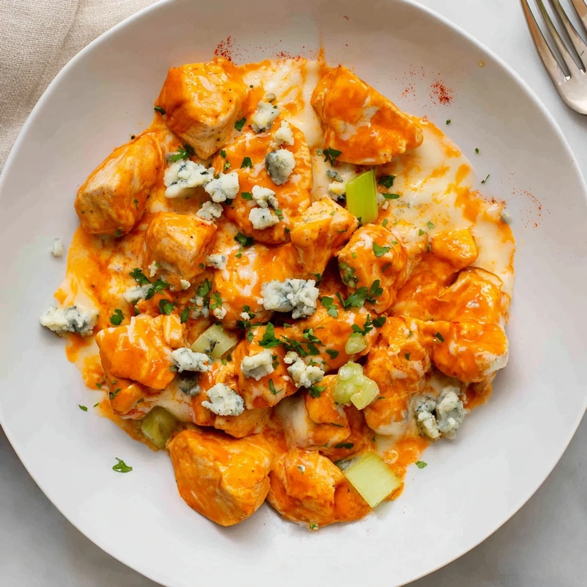 Keto Buffalo Chicken Skillet served over cauliflower rice, garnished with parsley