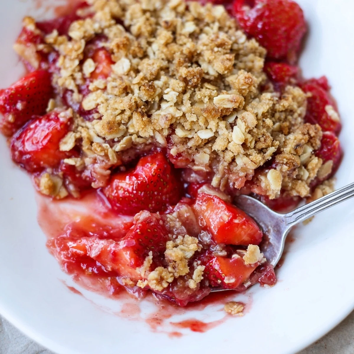 Fresh Strawberry Crisp Recipe bubbling with syrup, golden oat topping, vanilla ice cream