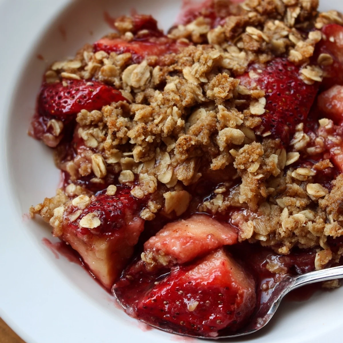 Warm Fresh Strawberry Crisp Recipe in baking dish, fragrant cinnamon and buttery crumble