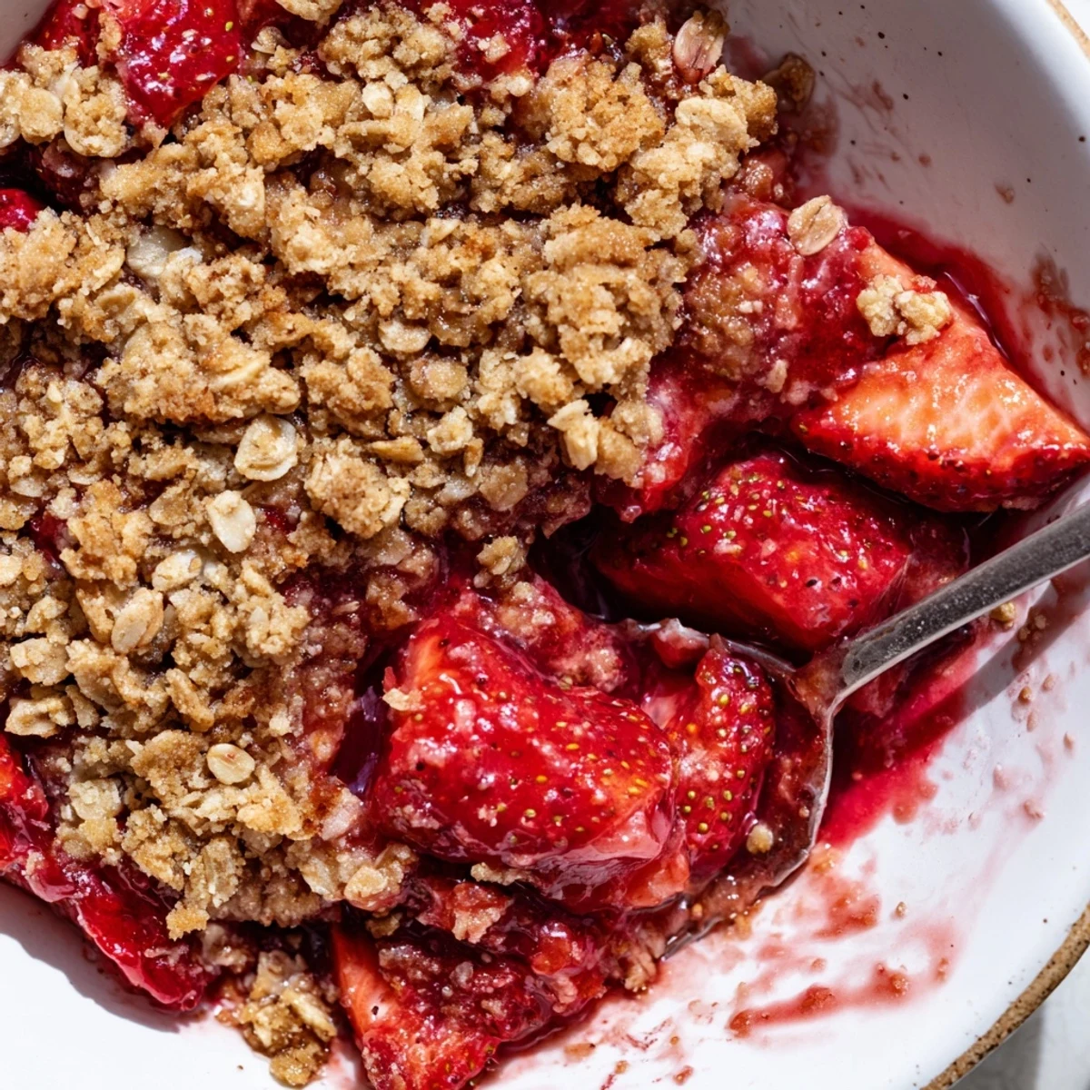 Fresh Strawberry Crisp Recipe topped with crunchy oats, juicy strawberries, cooling whipped cream