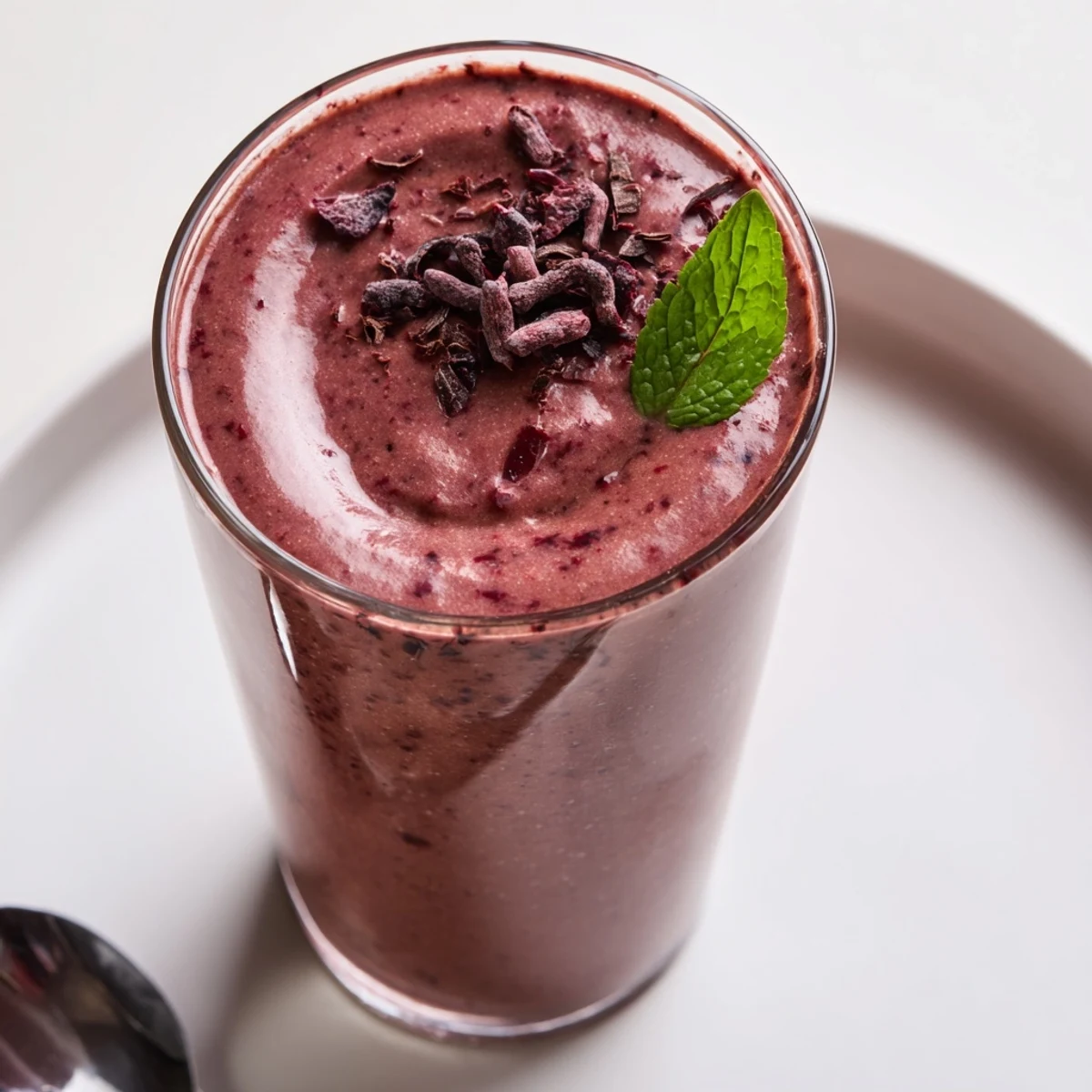 Creamy Chocolate Beet Smoothie in glass, vibrant pink, garnished with mint  