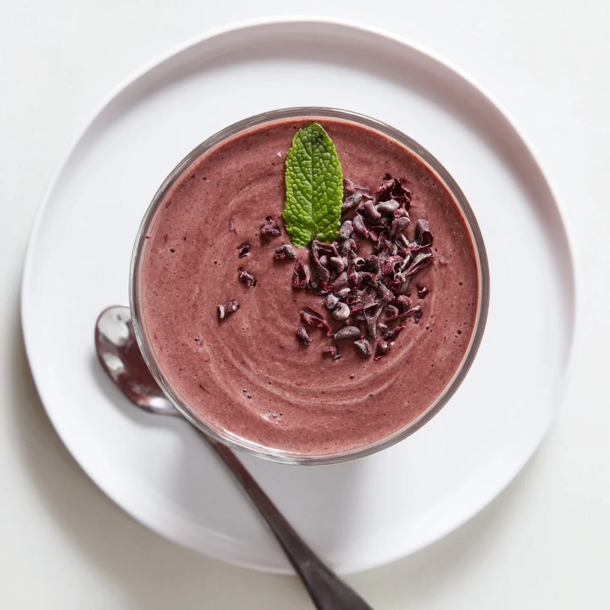 Chilled Chocolate Beet Smoothie served in two glasses with cacao nibs