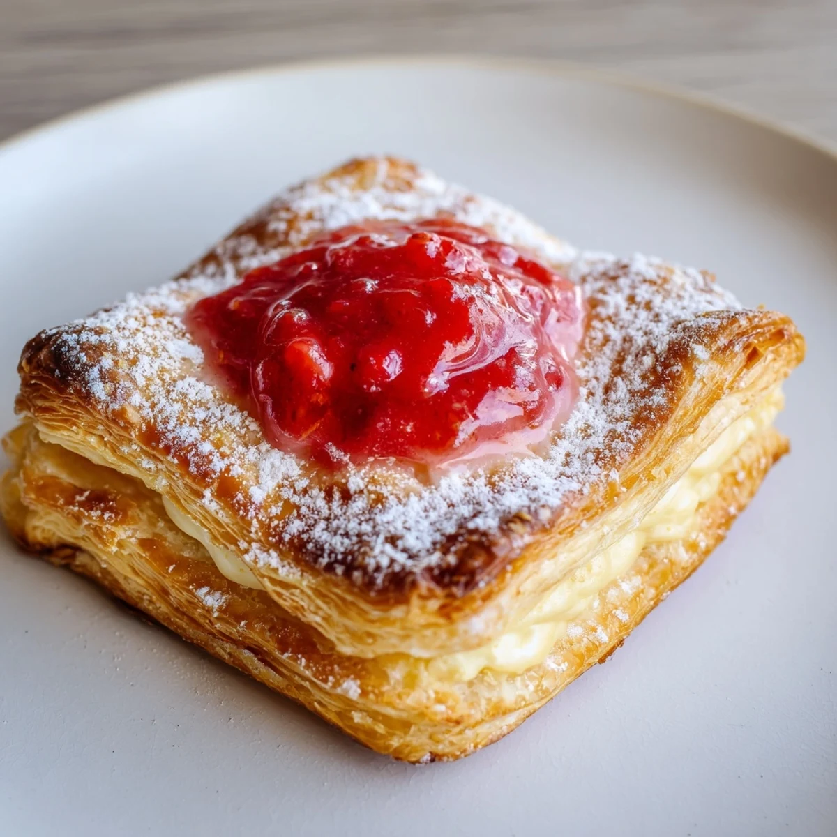 Strawberry Danish Recipe showing flaky golden puff pastry with glossy strawberry filling.
