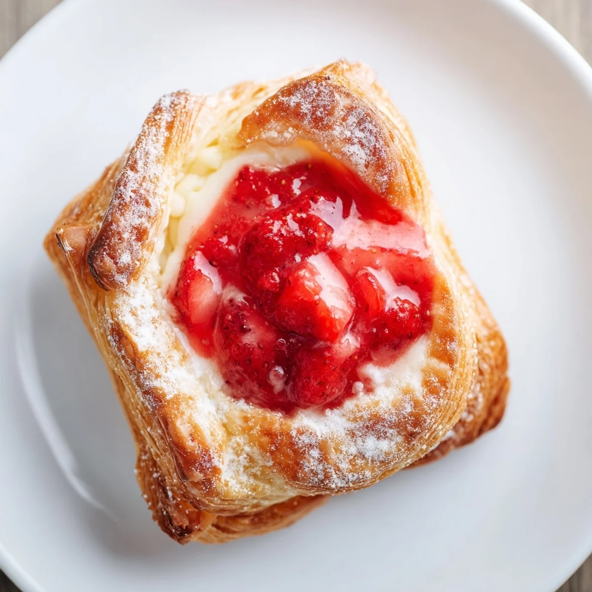 Golden Strawberry Danish Recipe cooling on rack, creamy filling and bright berries.