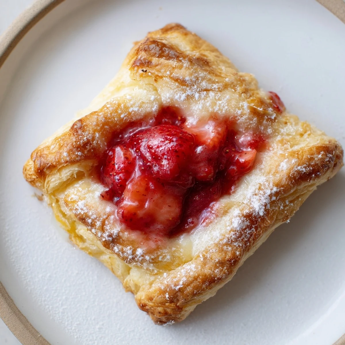 Warm Strawberry Danish Recipe on parchment, cream cheese center and sugared strawberries.