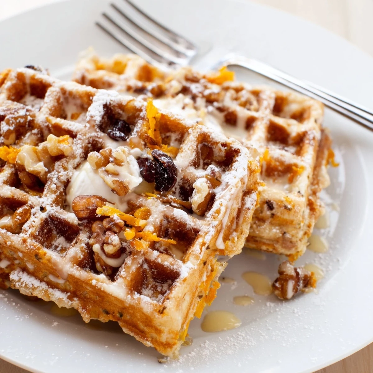 Golden, crisp Carrot Cake Waffles topped with cream cheese drizzle and walnuts