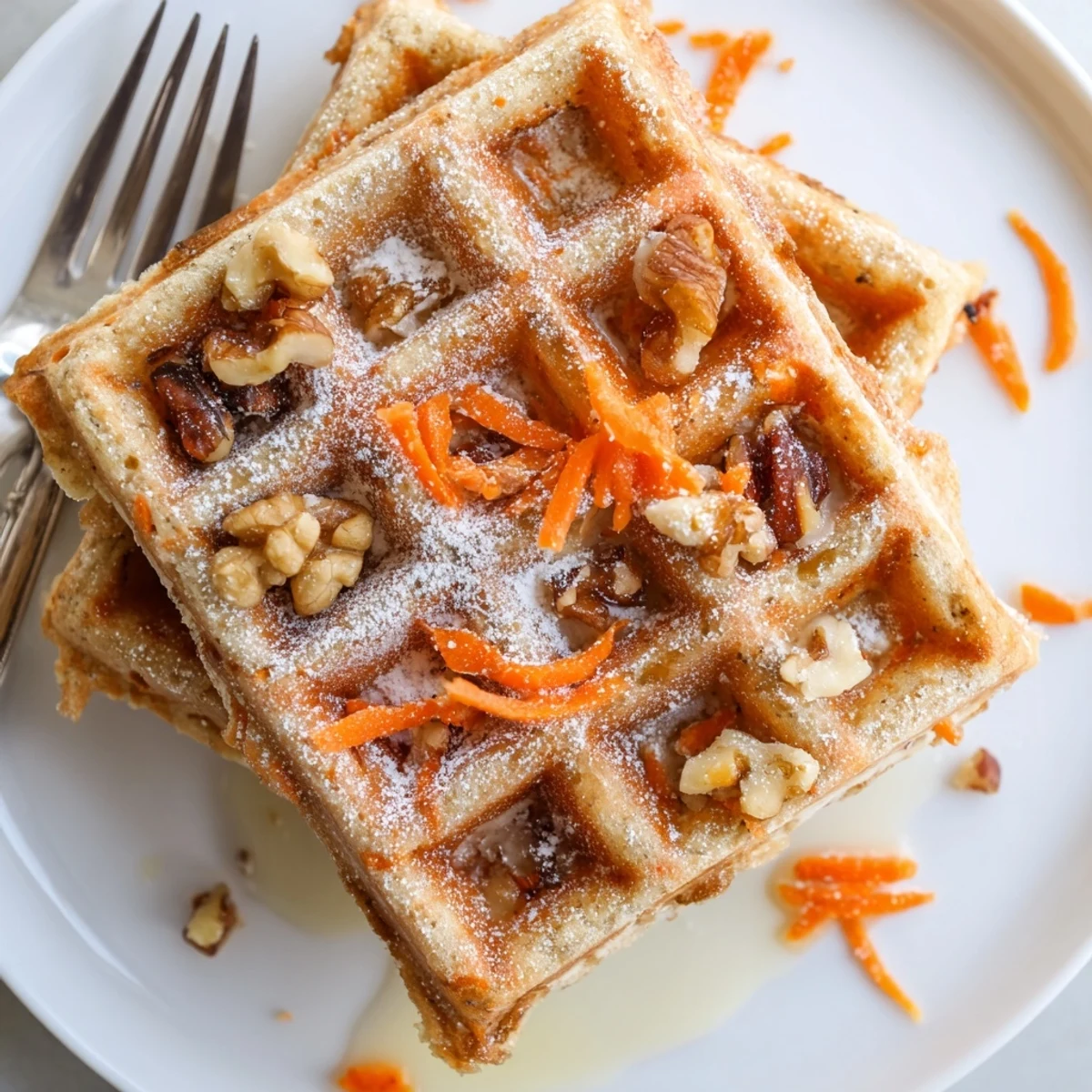 Steam rising from Carrot Cake Waffles spiced with cinnamon, served with syrup