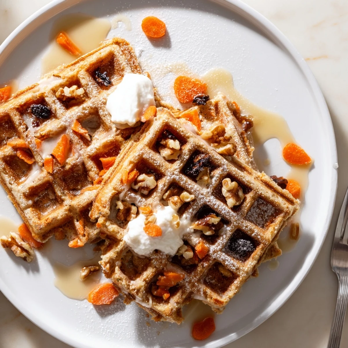 Stacked Carrot Cake Waffles with fluffy interior, crisp edges, maple drizzle