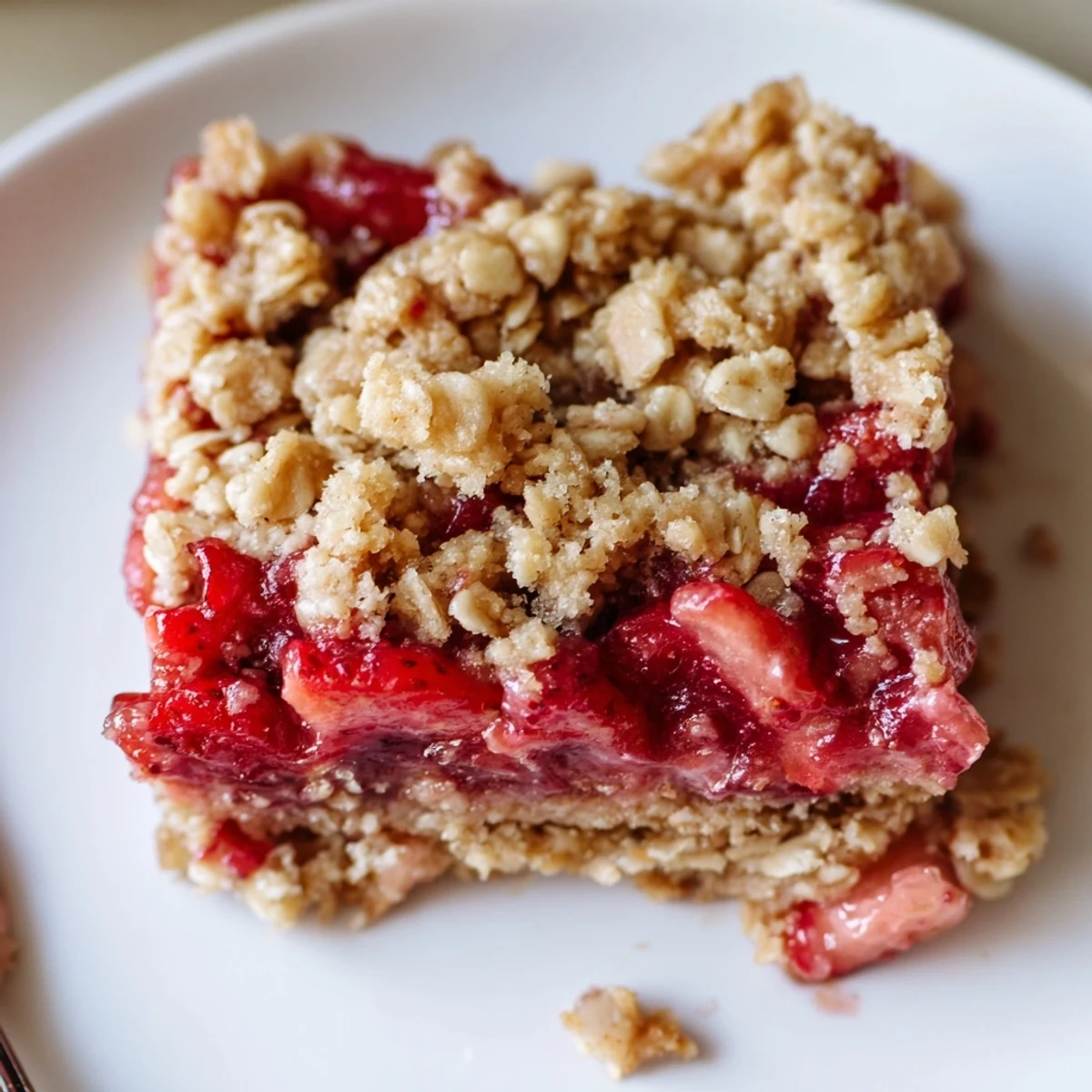 Close-up of sliced Strawberry Oatmeal Crumble Bars highlighting buttery oat crumble