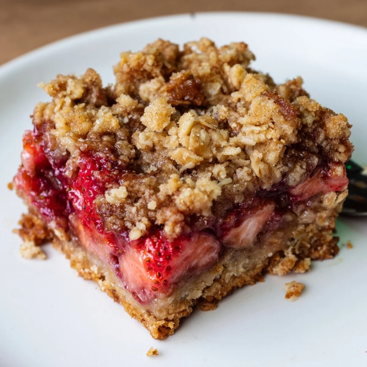 Golden Strawberry Oatmeal Crumble Bars cooling on a rack, juicy filling  