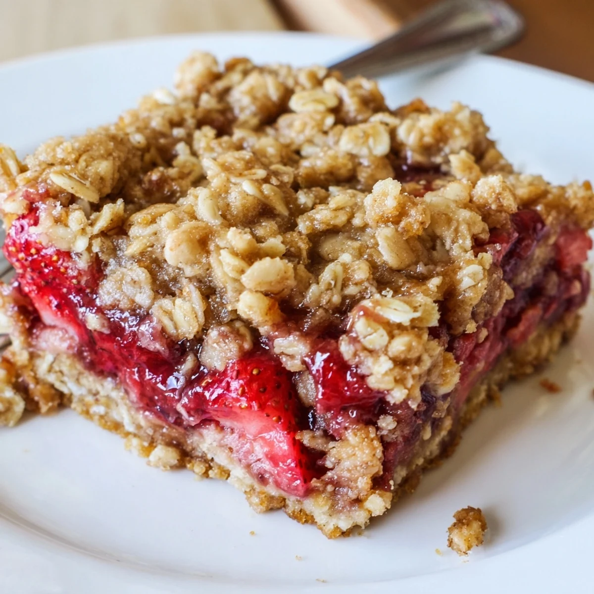 Warm Strawberry Oatmeal Crumble Bars topped with melting vanilla ice cream  