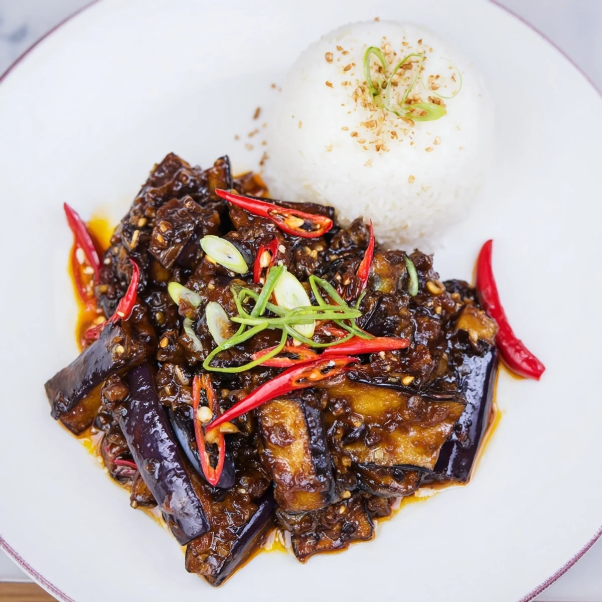 Pan-fried Sichuan Style Braised Aubergines: silky flesh, bold chili-fermented bean fragrance.