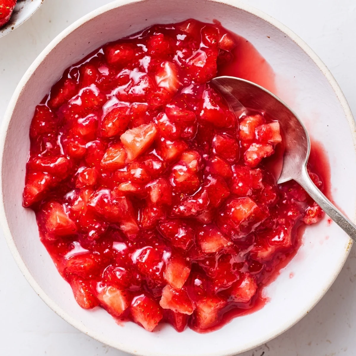 Strawberry Cake Filling Recipe showing glossy, jam-like strawberries cooling in saucepan