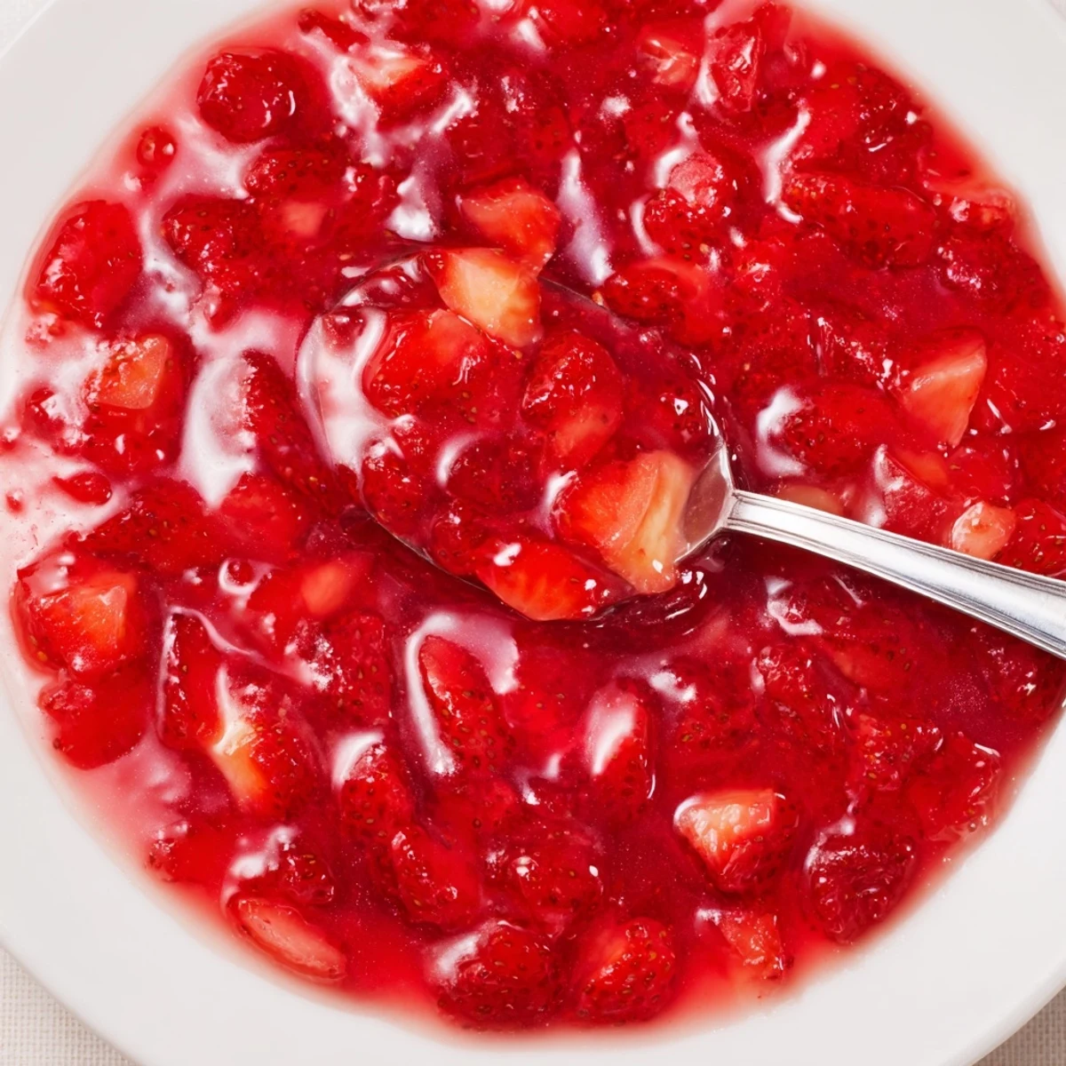 Sweet Strawberry Cake Filling Recipe layered between soft vanilla cake slices, ready to spread