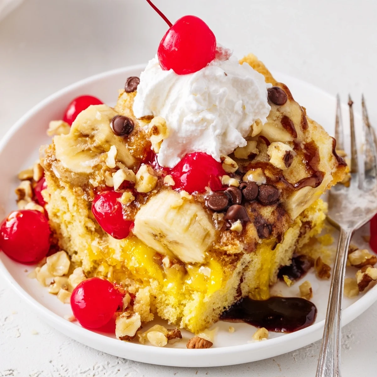 Sliced bananas and pineapple tucked under a golden Banana Split Dump Cake