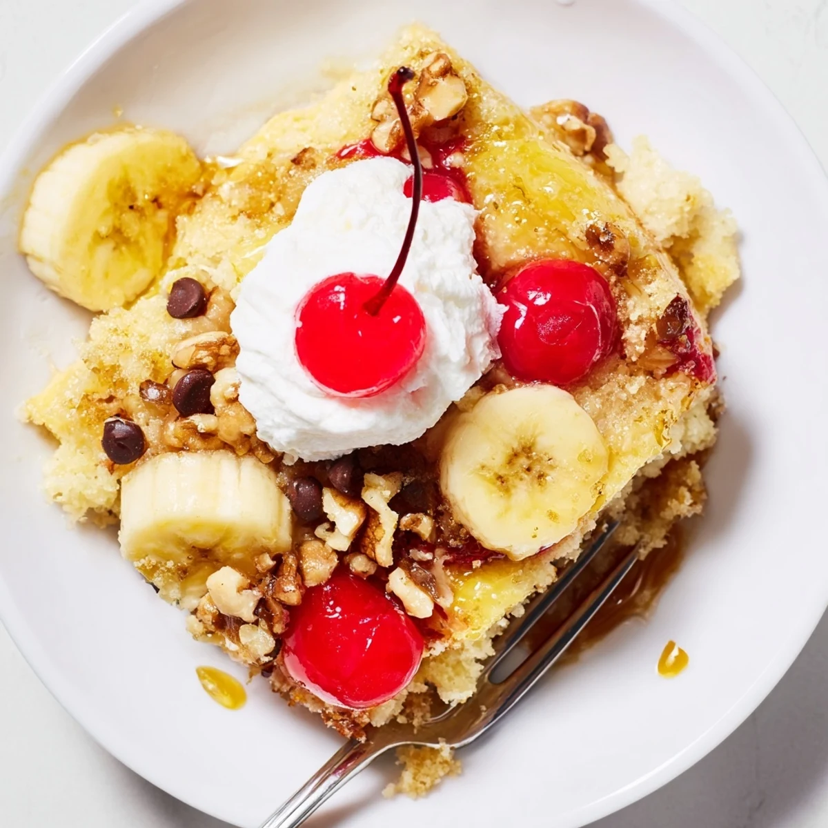 Classic Banana Split Dump Cake served warm with vanilla ice cream and cherries