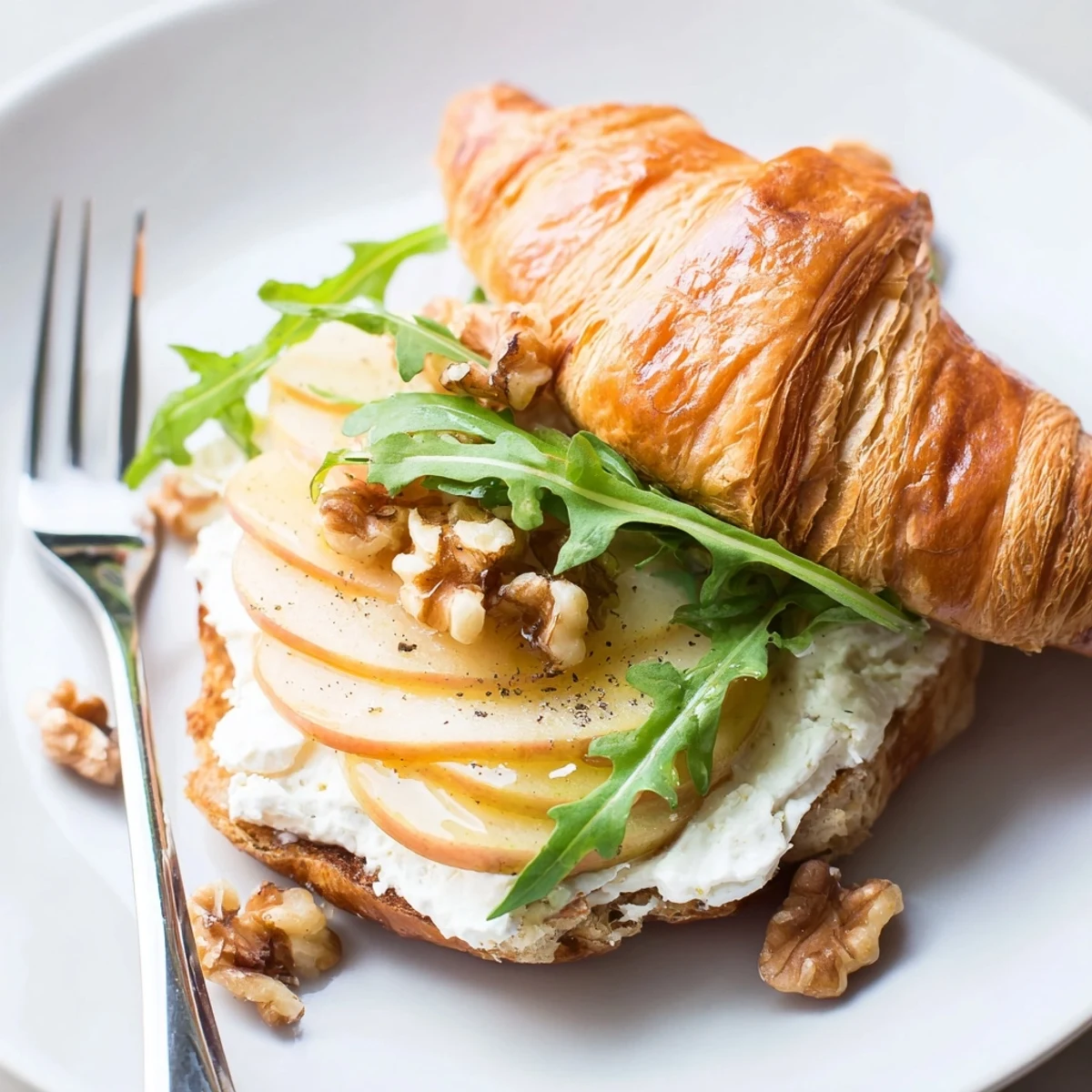 Apple Goat Cheese Croissant Sandwich with crisp apple slices, creamy cheese, arugula.