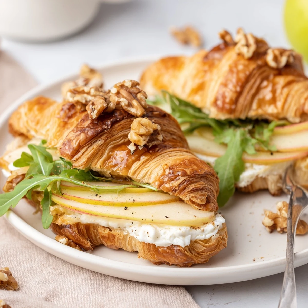 Toasted Apple Goat Cheese Croissant Sandwich layered with honey drizzle, crunchy walnuts.