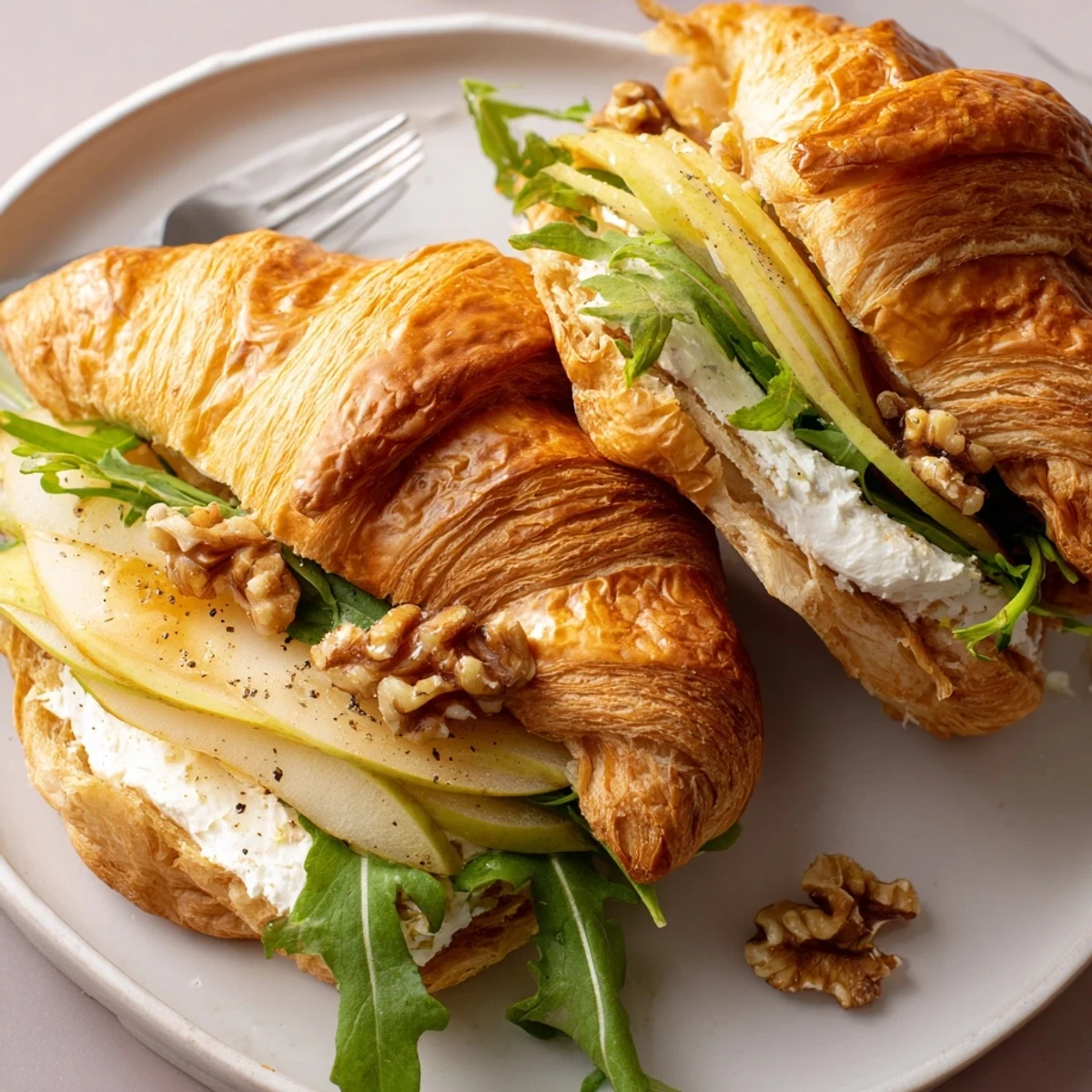 Flaky Apple Goat Cheese Croissant Sandwich topped with arugula and cracked pepper.