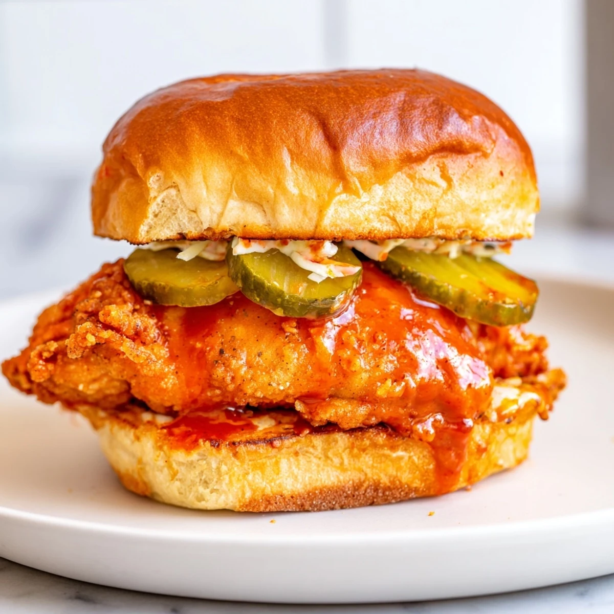 Spicy Nashville Hot Chicken Sandwiches steaming on brioche buns with crunchy pickles.