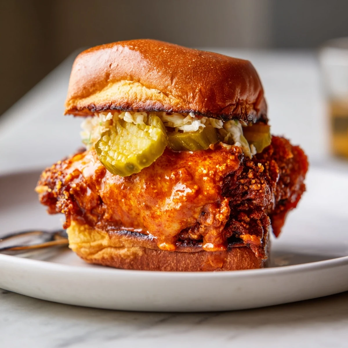Close-up of Spicy Nashville Hot Chicken Sandwiches glazed in fiery oil, creamy slaw.