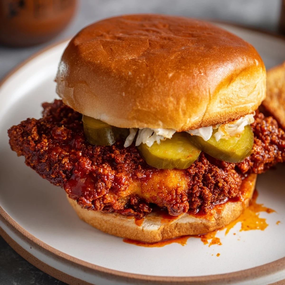 A plate of Spicy Nashville Hot Chicken Sandwiches served with sweet iced tea.