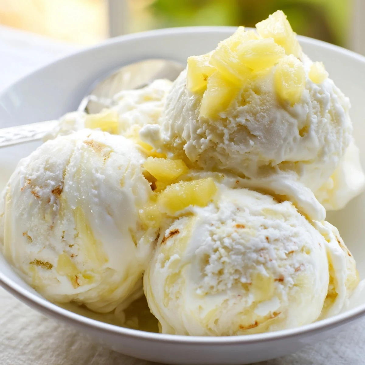 Homemade Creamy Pineapple Ice Cream Recipe served with toasted coconut, bright citrus zing