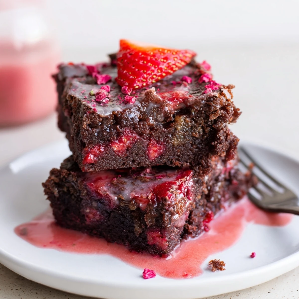 Fudgy Strawberry Brownies Recipe cooling on parchment-lined pan, glossy strawberry glaze.
