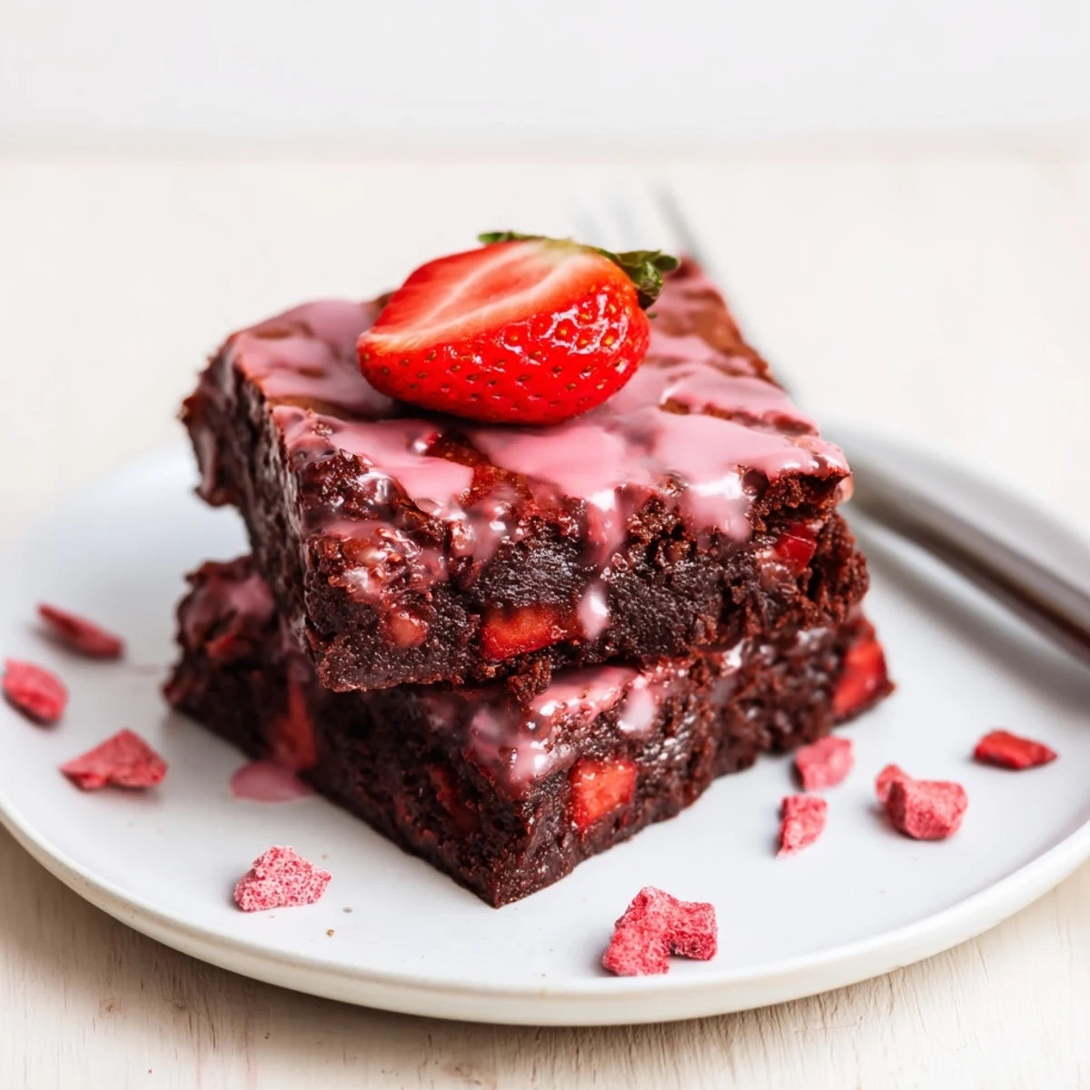 Warm squares of Strawberry Brownies Recipe topped with whipped cream and berries.