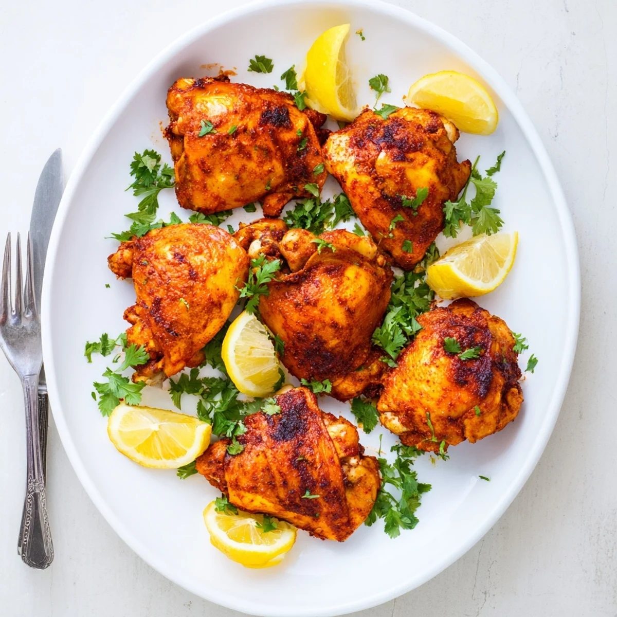 Golden brown Moroccan spiced chicken thighs with crispy roasted skin and fresh cilantro garnish
