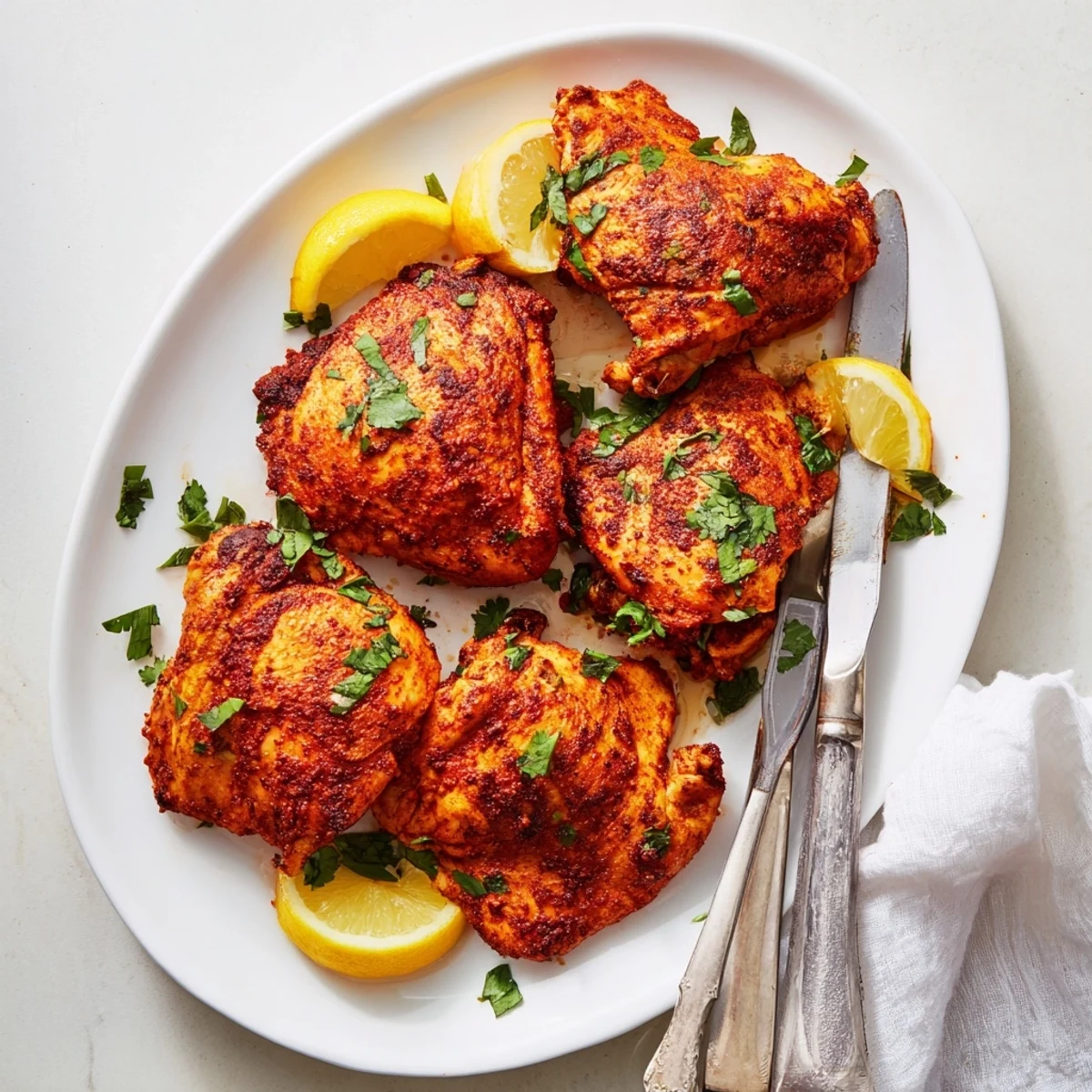 Fragrant spice rubbed chicken thighs sizzling hot with caramelized edges and vibrant green herbs