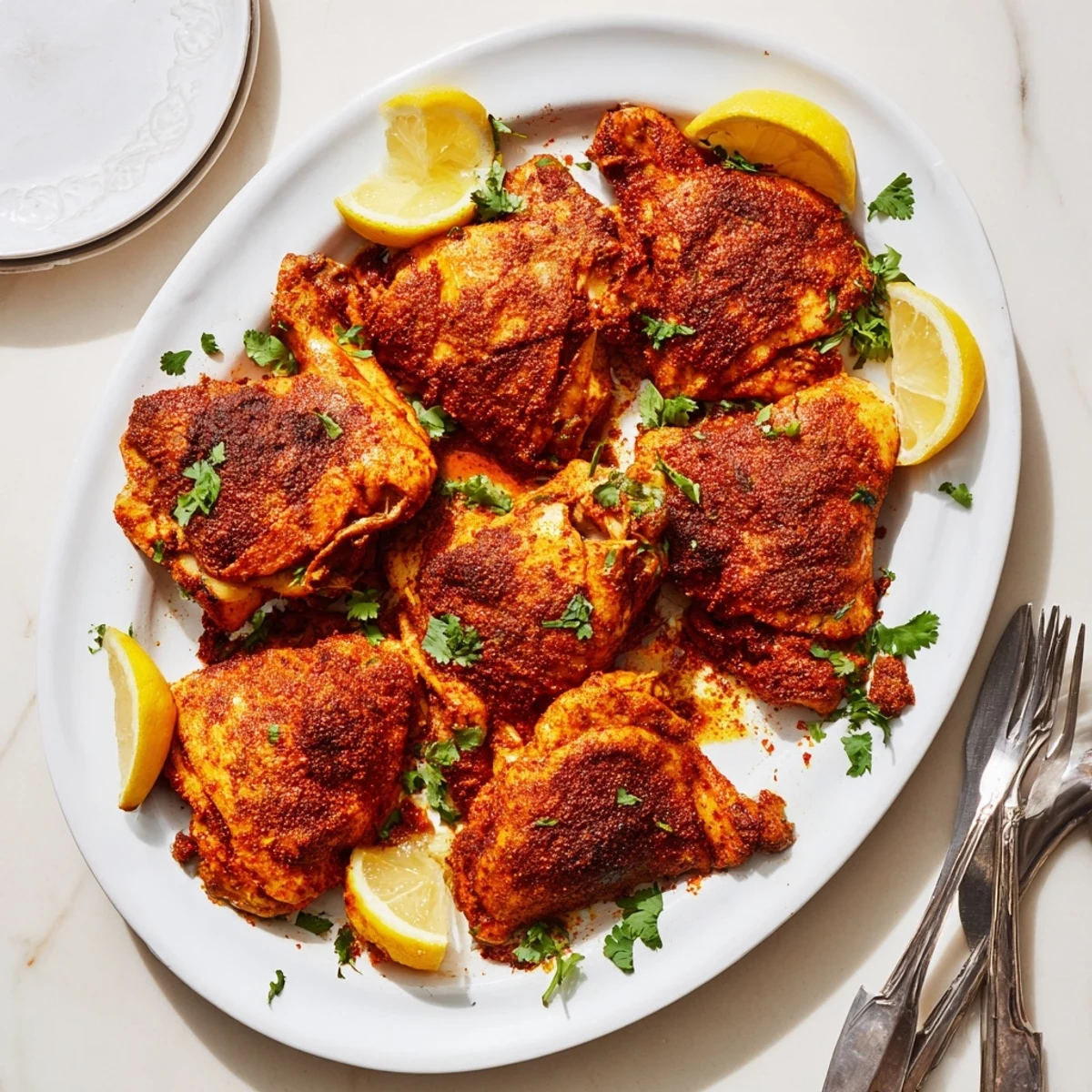 Succulent roasted chicken coated in aromatic cumin and coriander served with lemon wedges