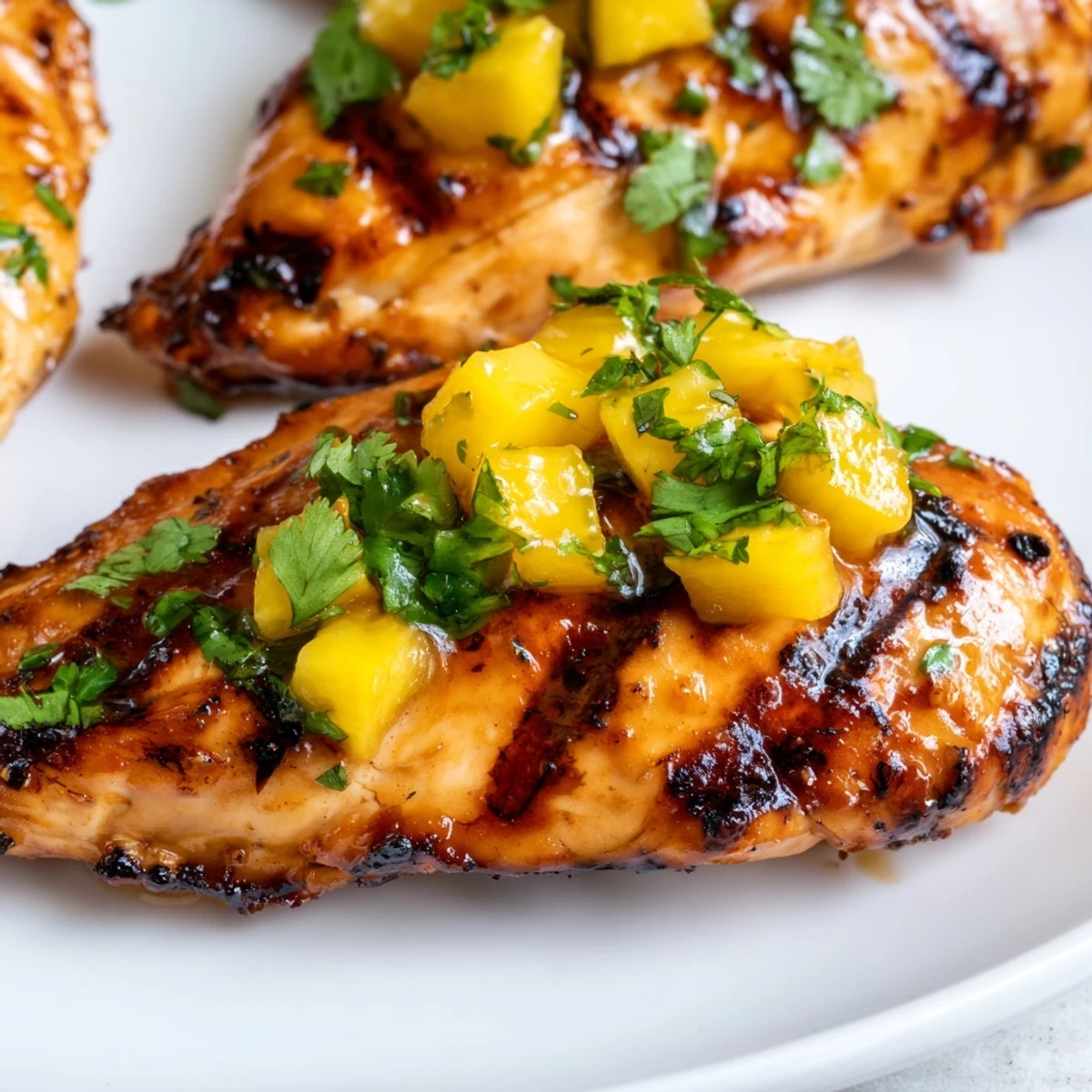 Golden grilled mango lime chicken garnished with fresh cilantro and lime wedges on a white plate