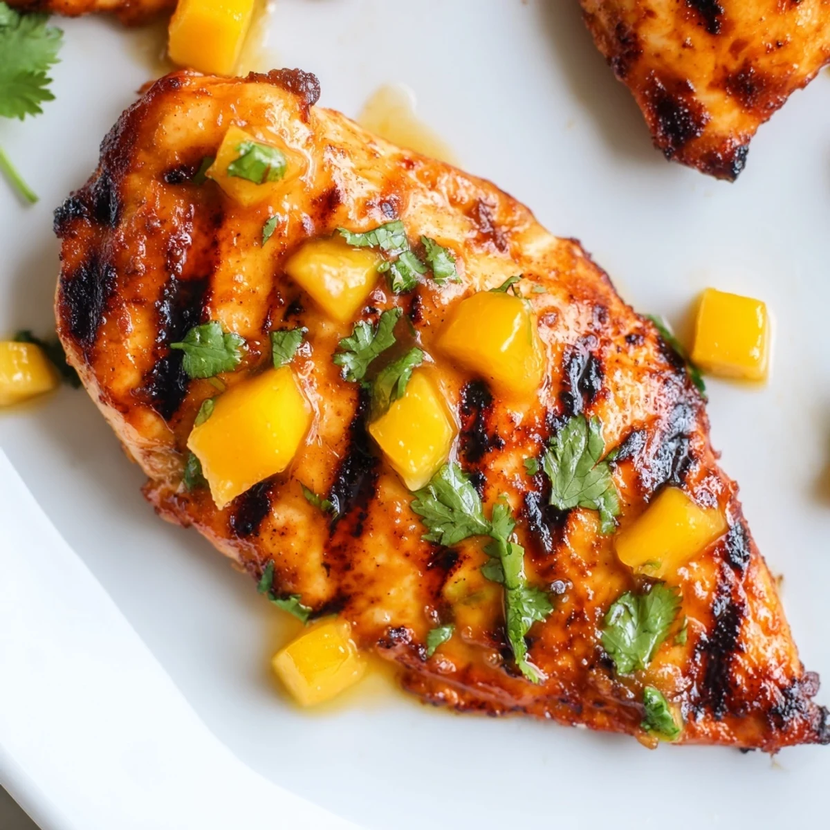 Summer grilled chicken glazed with zesty mango lime sauce, served with lime wedges and chopped cilantro
