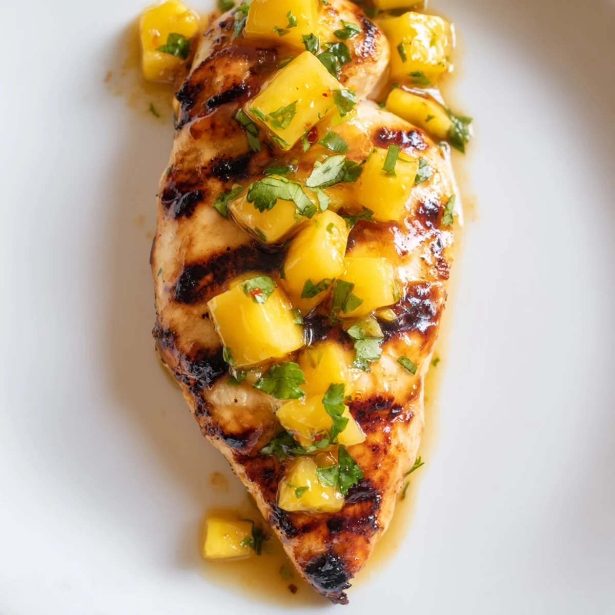 Juicy chicken breasts marinated in tropical mango lime blend, perfectly grilled with char marks and vibrant herbs