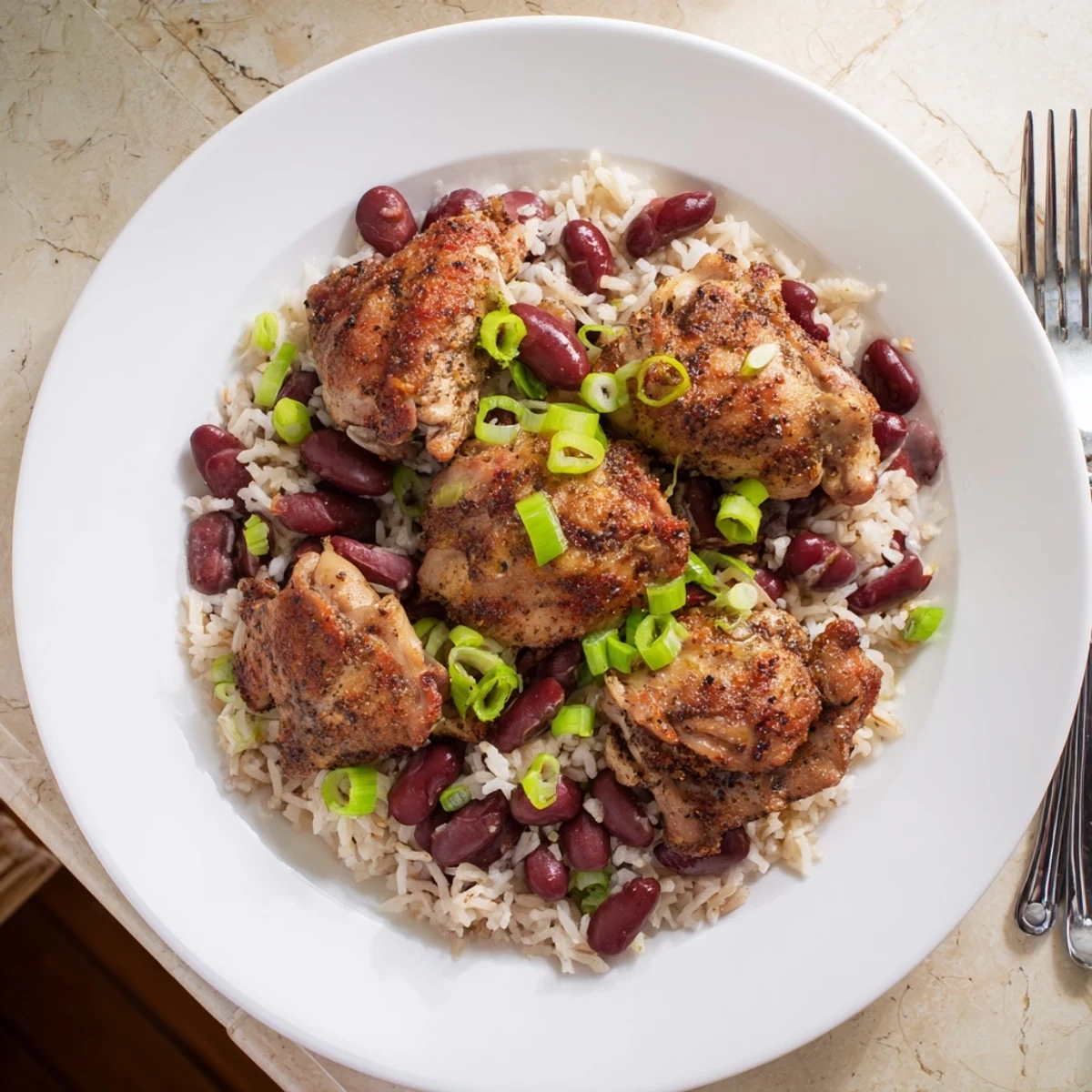 Spicy Caribbean jerk chicken plated atop fragrant coconut rice and beans with lime