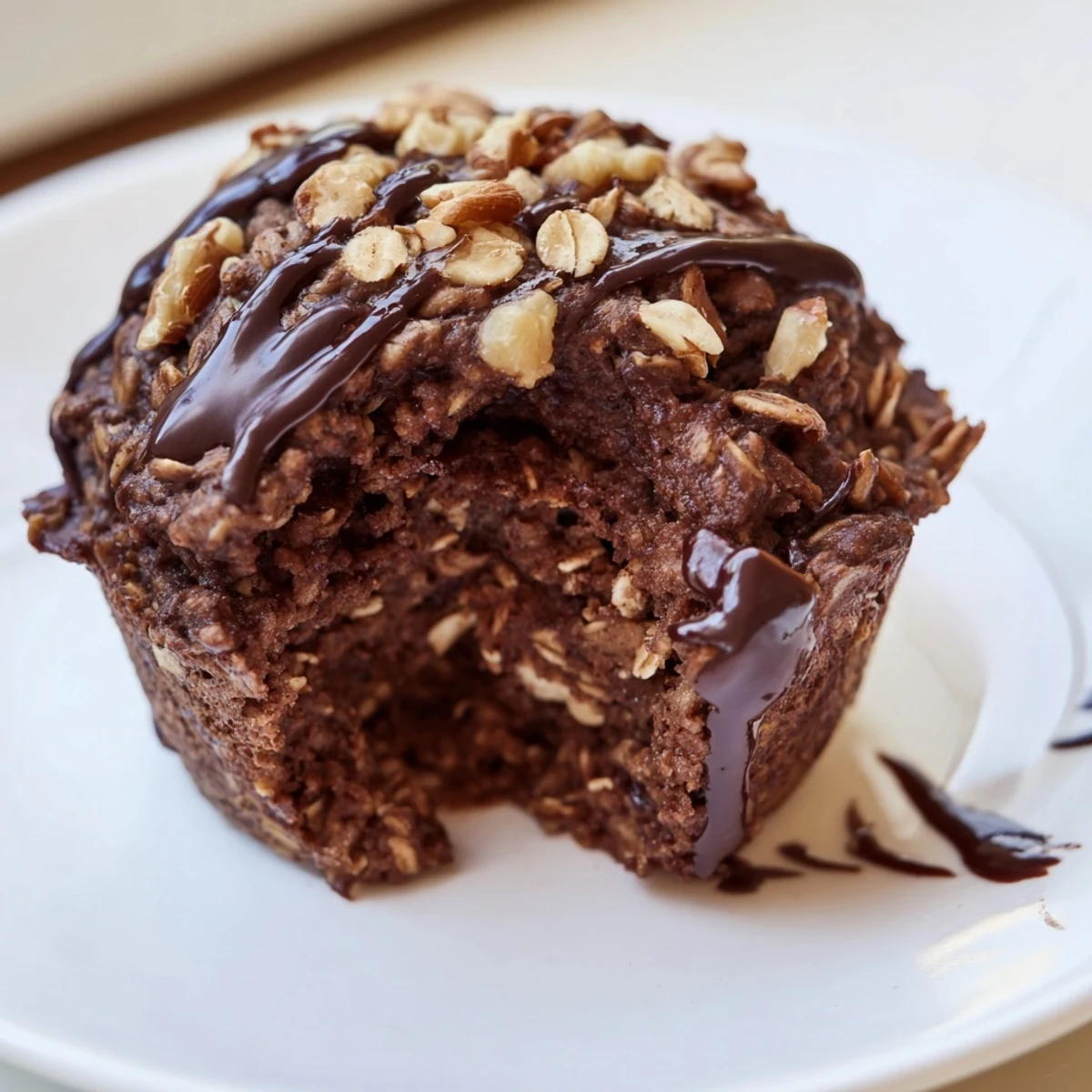 Fudgy dark chocolate oatmeal muffins cooling in a lined muffin tin, topped with flaky sea salt