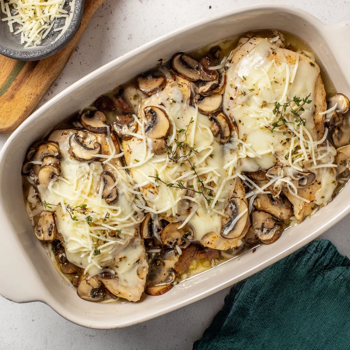 Golden brown cheesy baked chicken with mushrooms bubbling under melted mozzarella and Parmesan